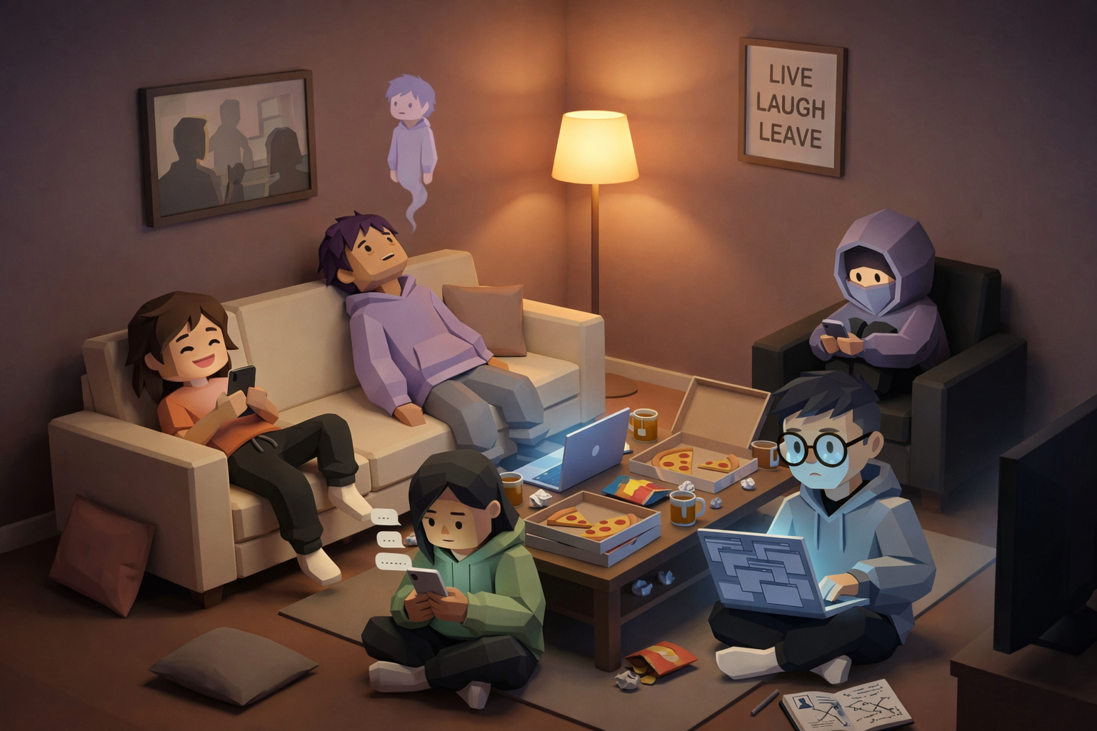 Five FBTI personalities in a dimly lit apartment at 2am — everyone in their own dysfunction, together.