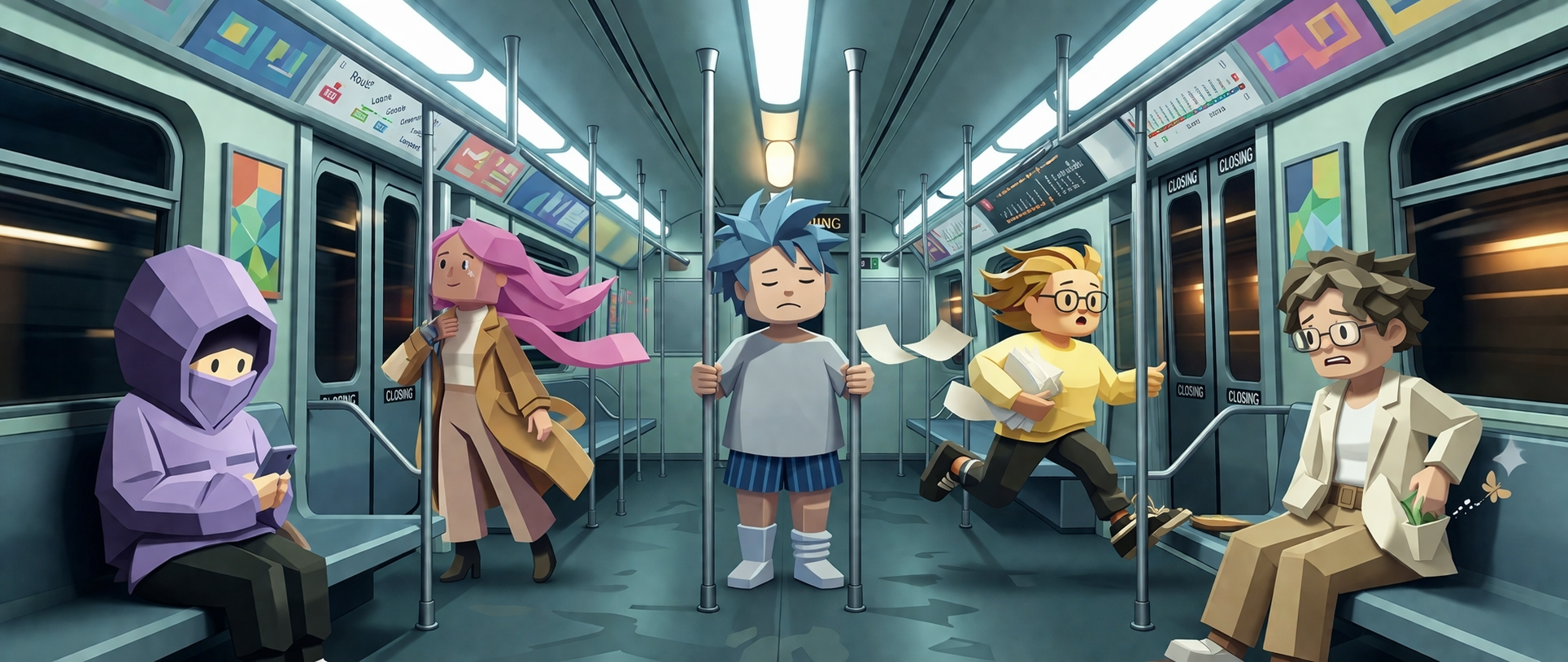 Five FBTI personalities scattered across a late-night subway car — everyone in their own dysfunction, riding together.